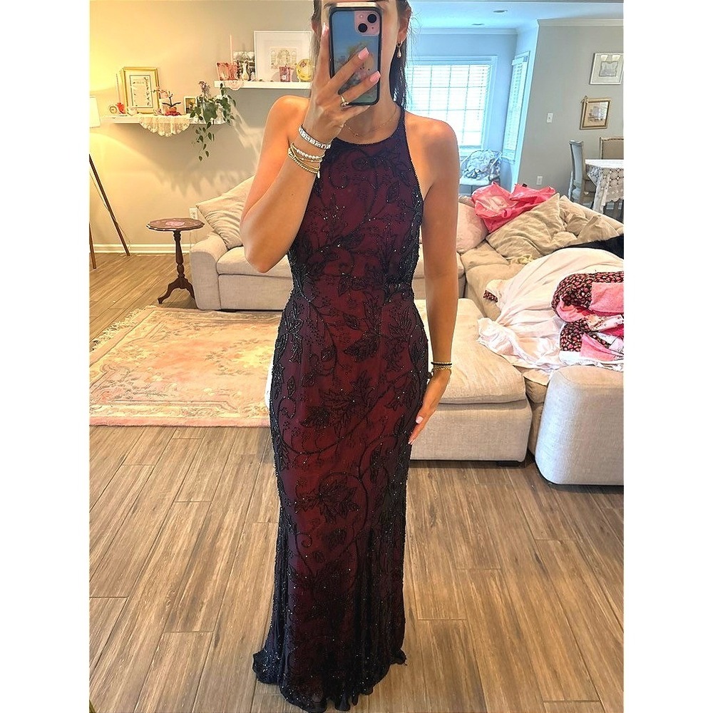 Vintage Sean Collection Beaded Silk Gown Red Black Excellent Halter Open Back L